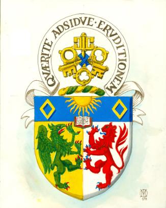 The coat of arms for the BA (International Honours) programme which features crossed keys, gold diamonds, a rising sun, an open book, a griffin, and a lion rampant